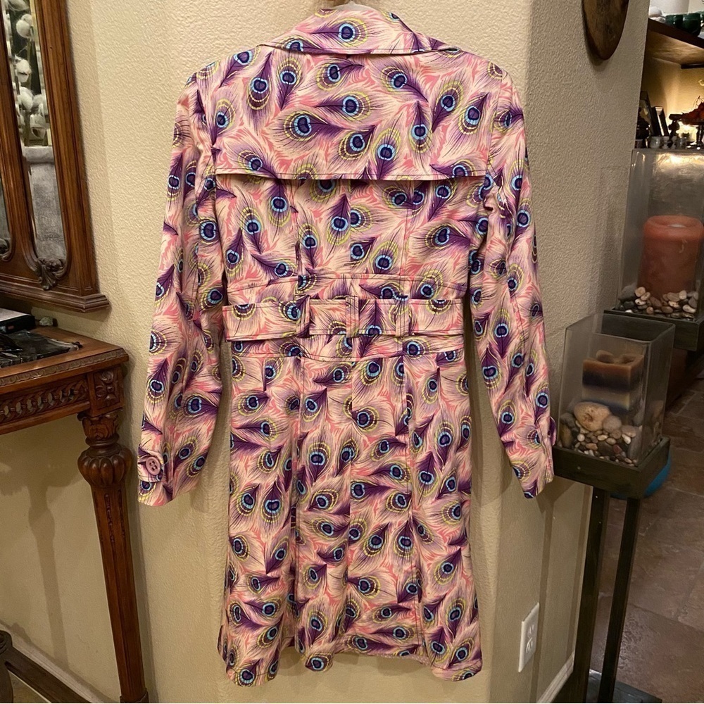 Vintage NANETTE LEPORE Women Colorful Peacock Feather Print Trench Coat Size 4 - Picture 7 of 9